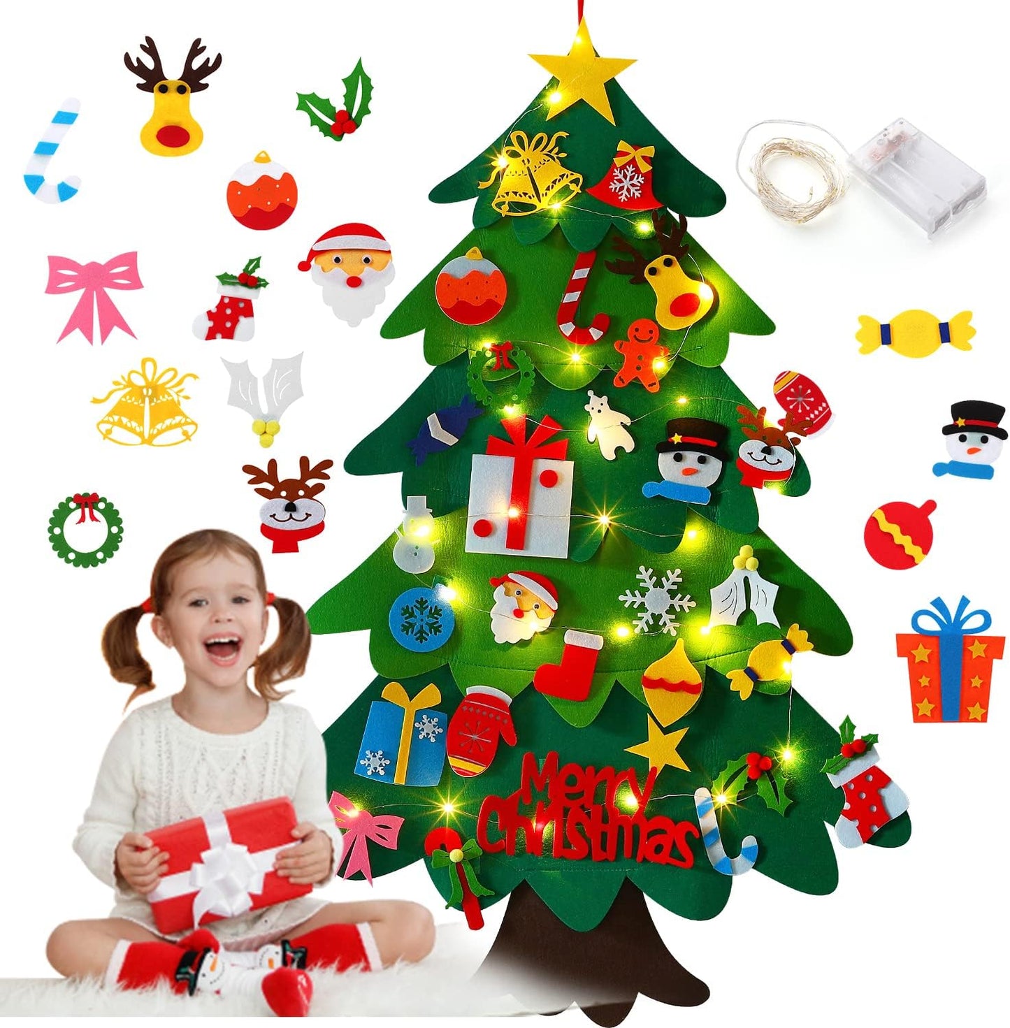 Felt Christmas Tree with LED Lights and 40 Detachable Ornaments - Kids Gifts and Wall/Door Decor