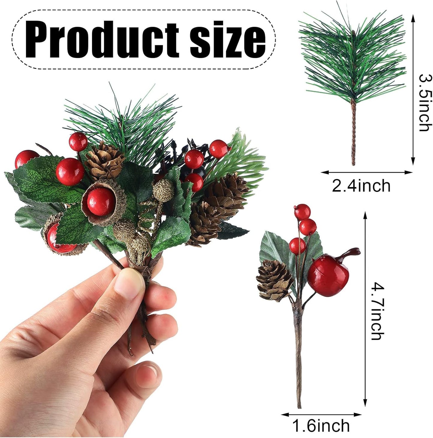 Artificial Christmas Red Berry Picks Pine Cones Holly Berries Floral Stem Branches Fake Greenery Picks for Xmas Tree Crafts Party Home Decor