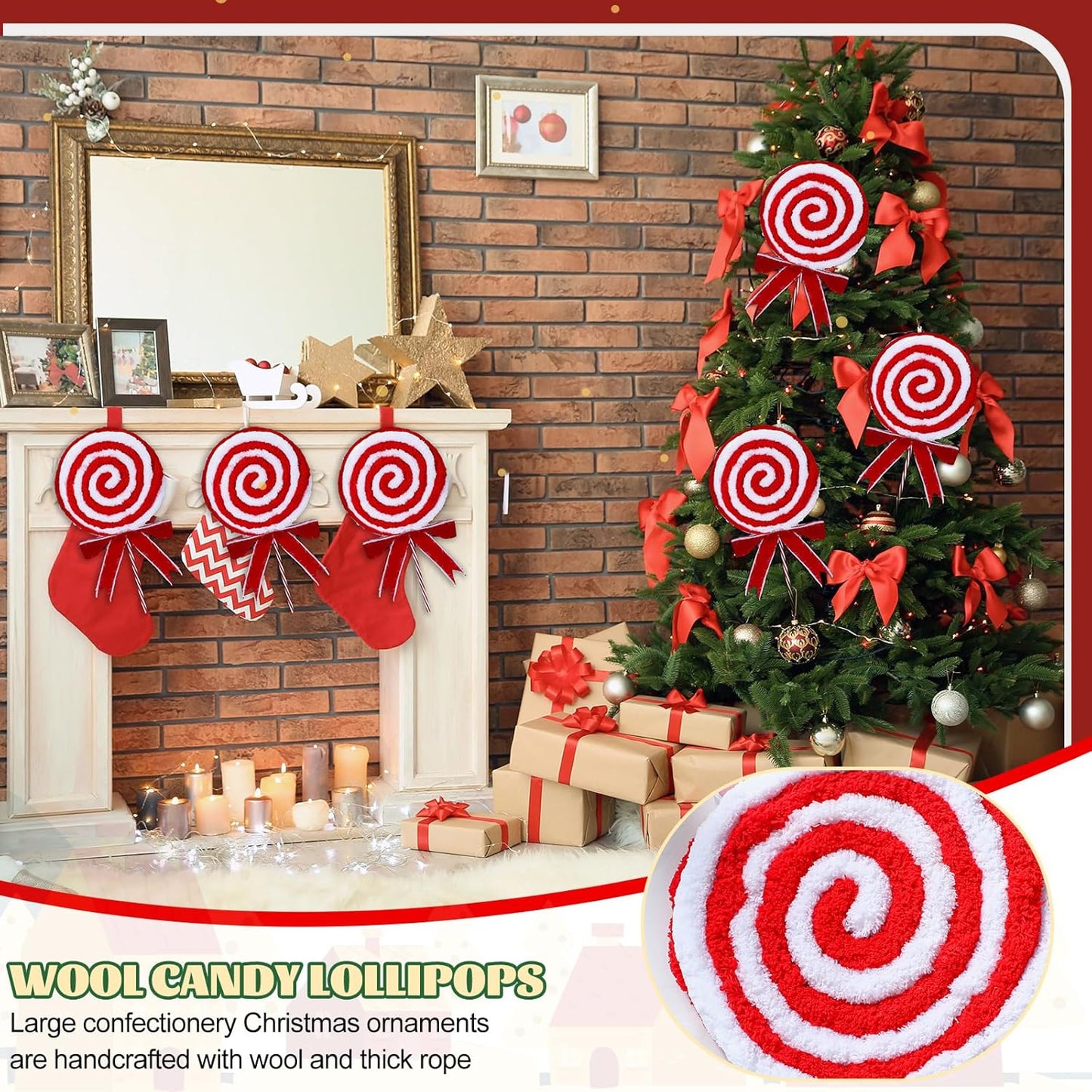 Large Woolen Candy Cane Lollipop Spray Christmas Ornaments - Holiday Party Decor