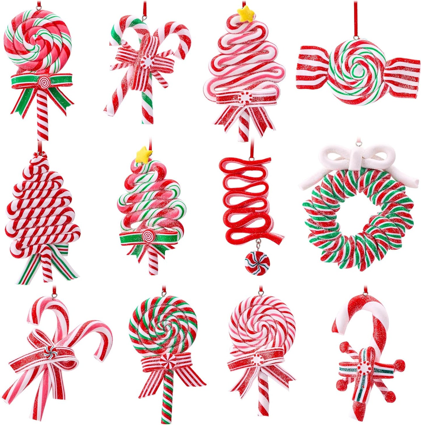 Christmas Candy Cane Ornament Set with Wreaths, Lollipop, and Trees Designs