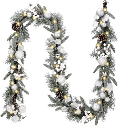 Pre-Lit Christmas Garland with White Gold Ball Accents