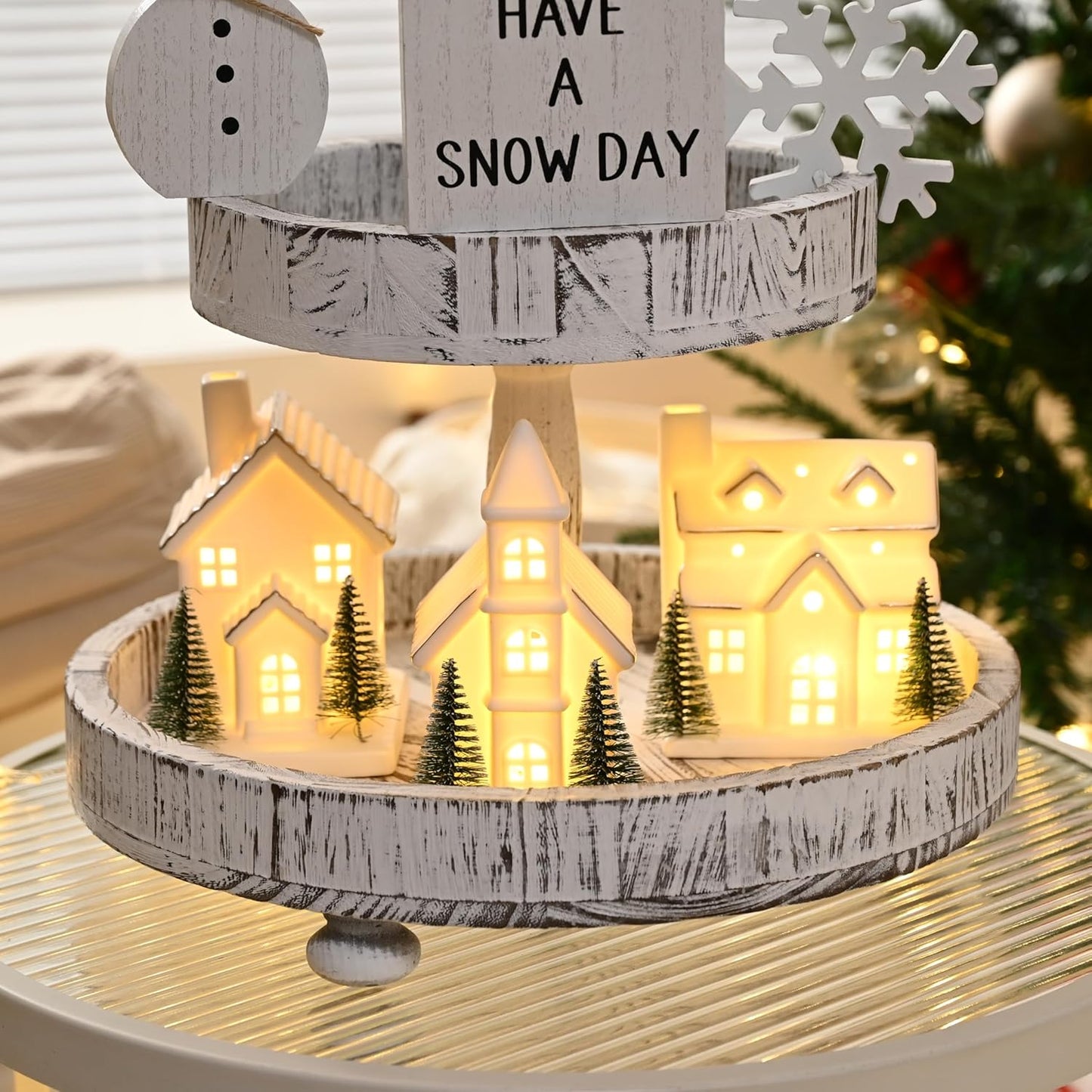 Ceramic White Christmas Village Houses with LED Lights and Trees - Set of 3