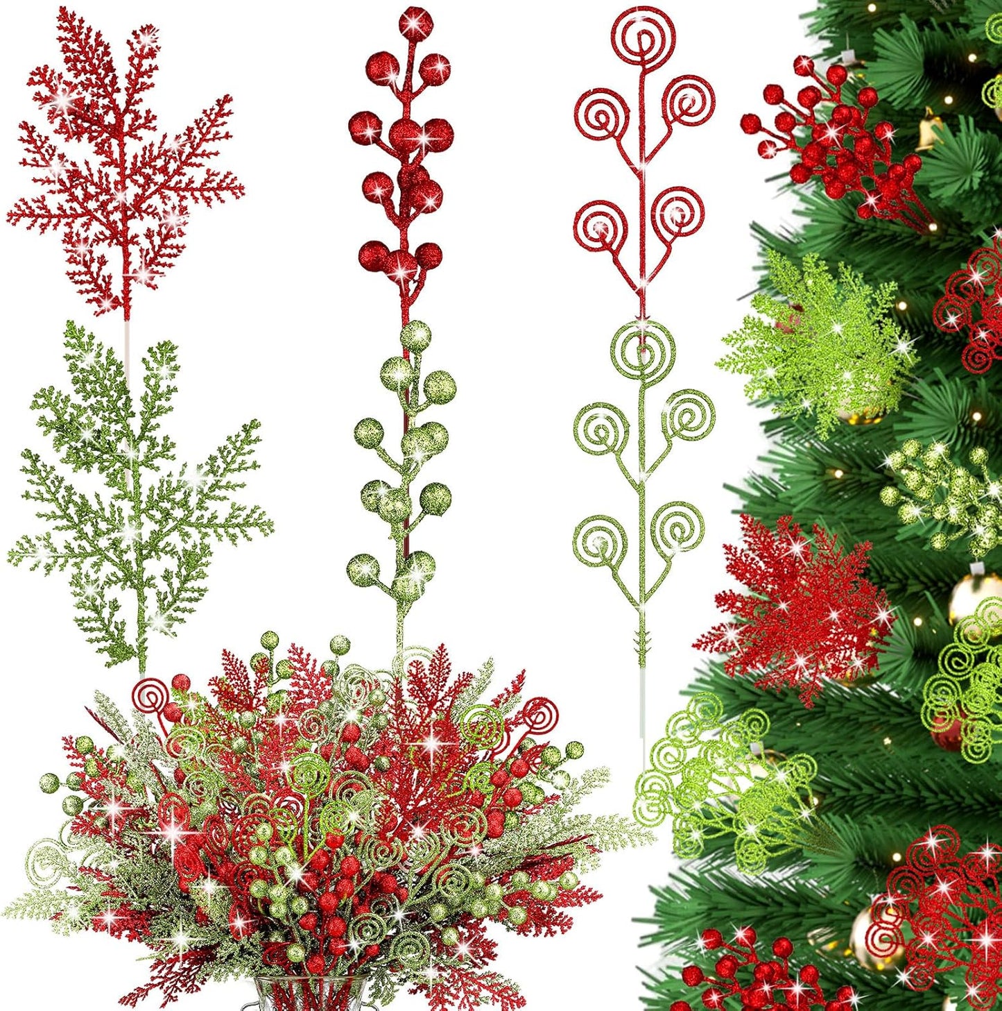 Red Green Glitter Curly Berry Stems - Set of 48 for Christmas