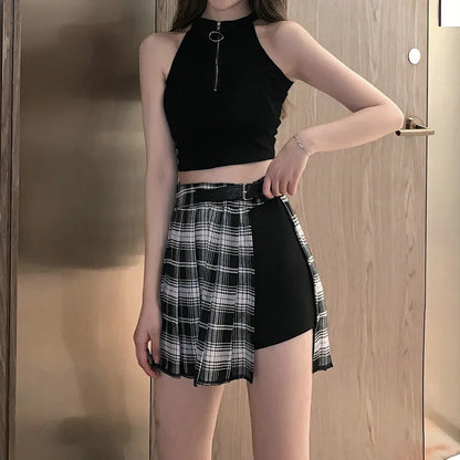 Fashion Tartan Red Pleated Streatwear Plaid Side Button Mini Skirt