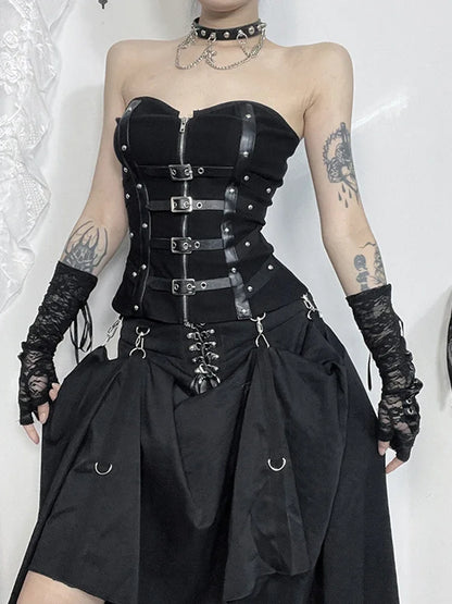 Alt Goth Gothic PU Patchwork Zipper Harajuku Crop Top