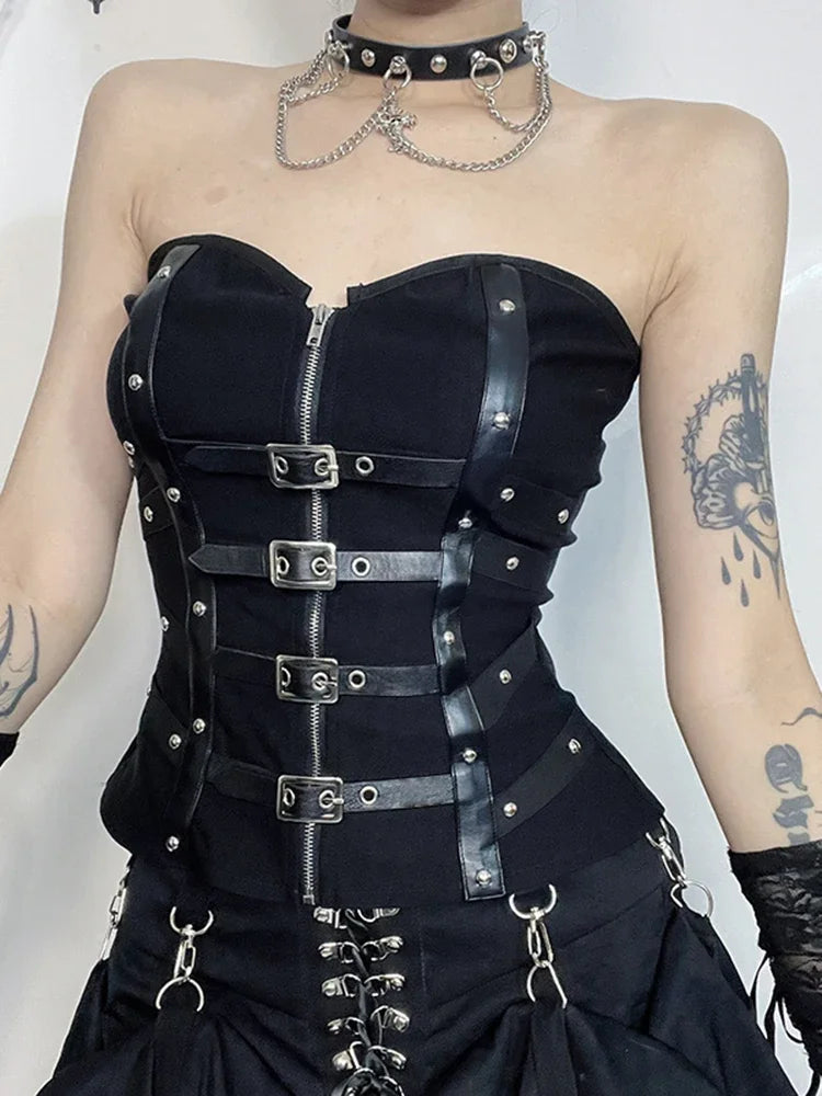 Alt Goth Gothic PU Patchwork Zipper Harajuku Crop Top