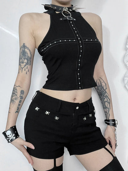 Streetwear Gothic Black Dark Cyber Punk Patchwork Cross Alt Grunge Crop Top