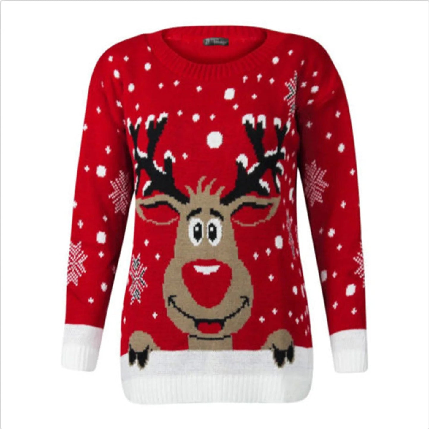 Christmas Sweater with Cartoon Reindeer Print and Fur Collar