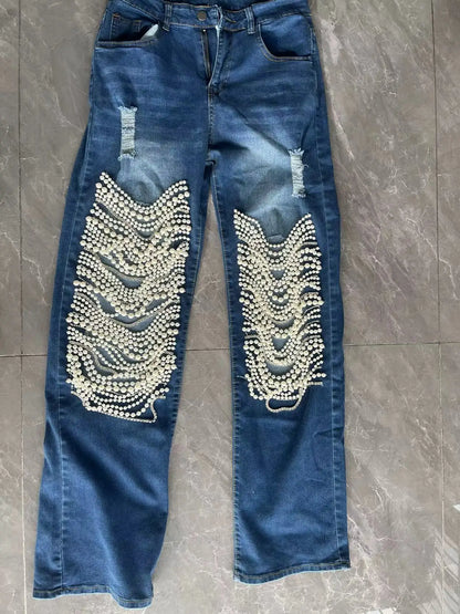 Straight Holes Pearls Diamond Rhinestones Solid Fashion Cotton High Street Jeans