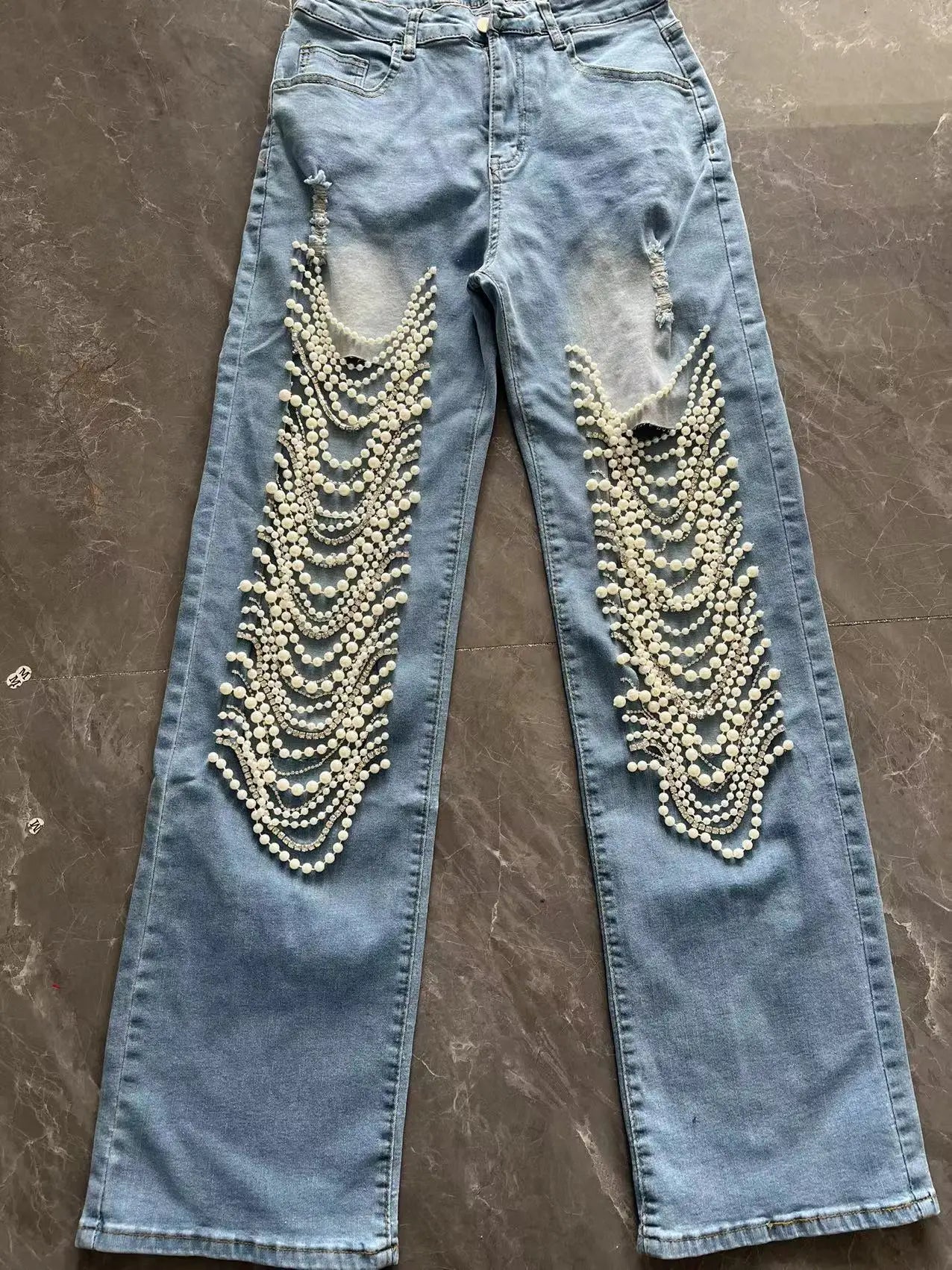 Straight Holes Pearls Diamond Rhinestones Solid Fashion Cotton High Street Jeans