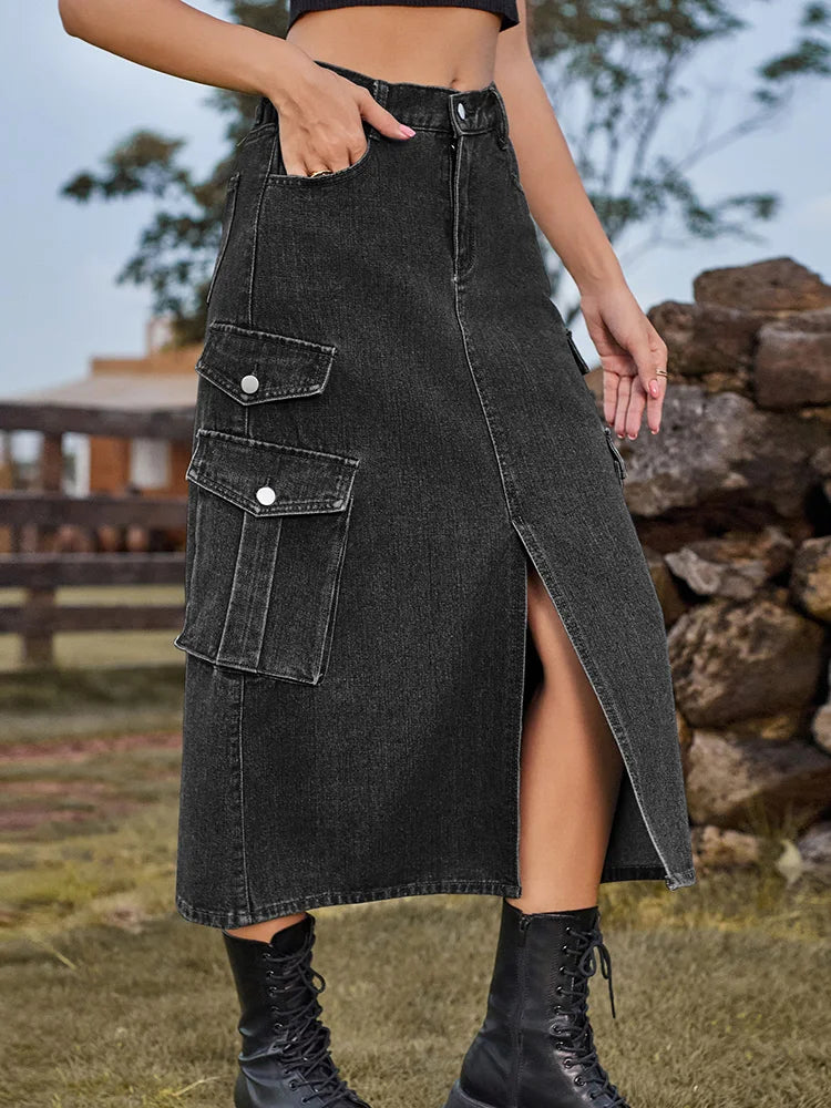 DressBetty - Casual Split Long High Waisted A-Line Cargo Jean Skirt