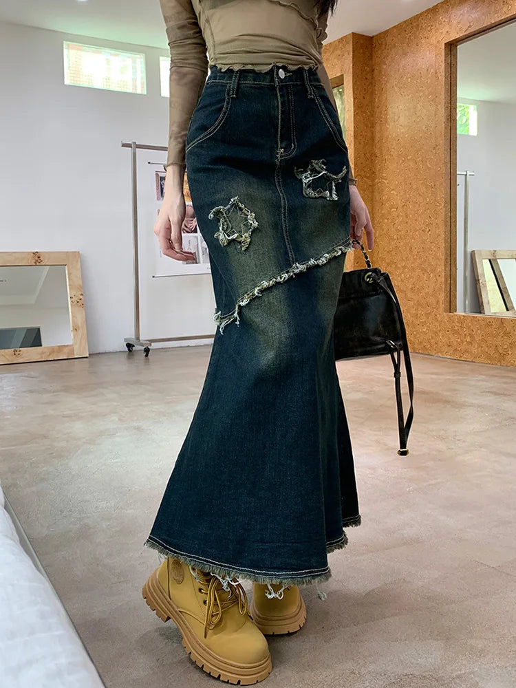 DressBetty - High Waist Raw Trim Mermaid Hem Long Denim Skirt