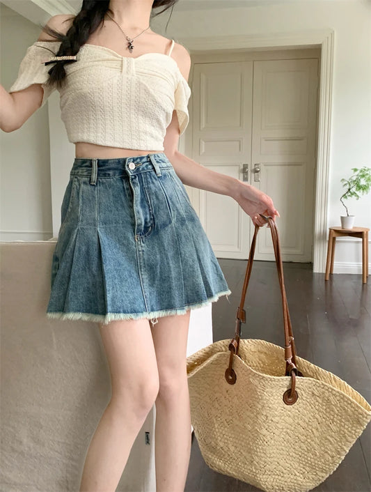 DressBetty - Streetwear Retro Raw Hem Pleated Denim Mini Skirt