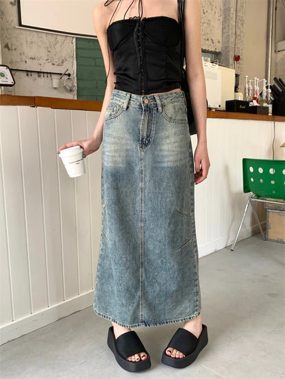 DressBetty - Y2k Street Retro Split Washed High Waist A-line Denim Skirt