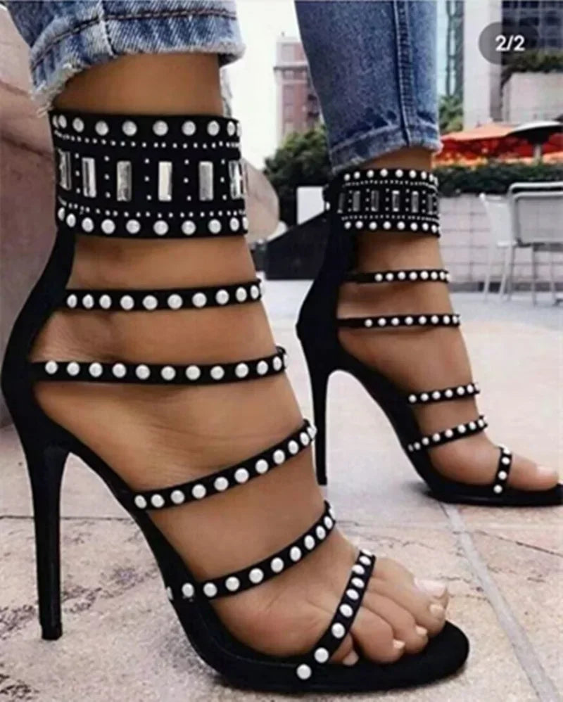 Sophisticated Black Beige Gladiator Sexy Peep Toe Diamond Pearl Ankle Band High Heel