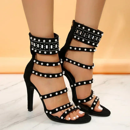 Sophisticated Black Beige Gladiator Sexy Peep Toe Diamond Pearl Ankle Band High Heel