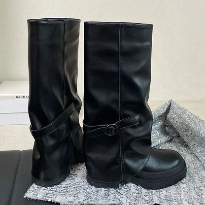 Black Footwear Round Toe Heels Fashion Slip On Long Knee High Boots