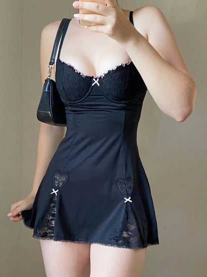 Black Gothic Lolita Style Lace Trim Sleeveless V Neck Bow Y2K Aesthetic Grunge Mini A-Line Dress