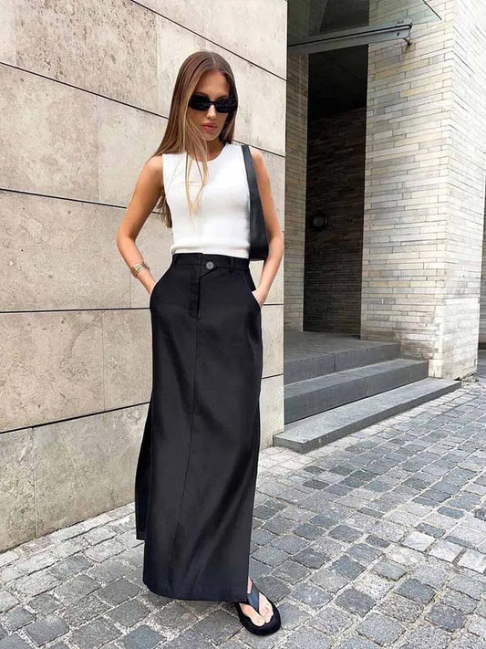 Black Loose Elegant A-Line Summer Ankle-Length Pocket Skirt