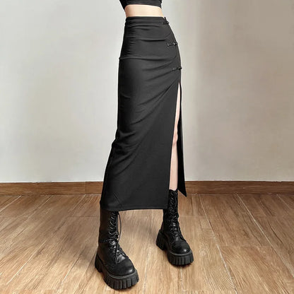 Black Sexy Women A-line Slits High Waist Slim Hip-covering Solid Mid-length Long Streetwear Skirt