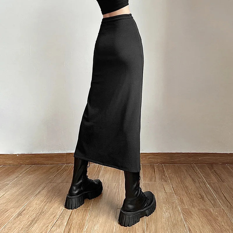 Black Sexy Women A-line Slits High Waist Slim Hip-covering Solid Mid-length Long Streetwear Skirt