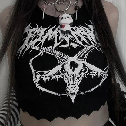 Black Knitted Grunge Punk Goth Goat Head Print Summer Sexy Sleeveless O-neck Crop Top