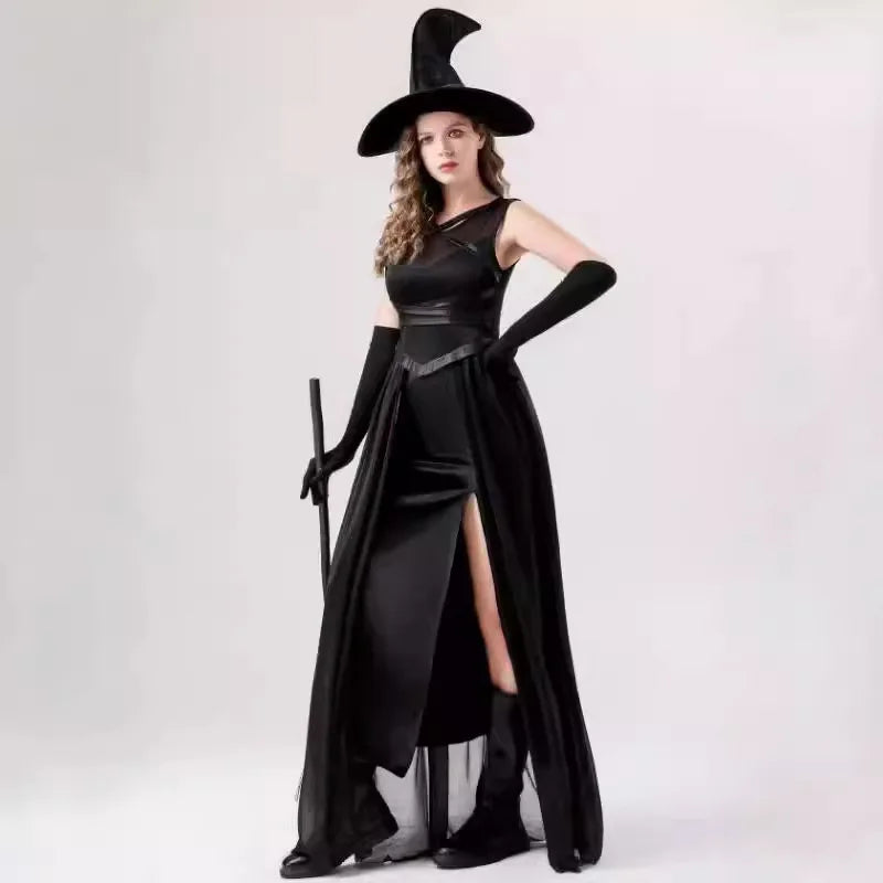 Black Witch Dress Wizard Hat Gloves Gothic Retro Magic Vampire Cosplay Costume