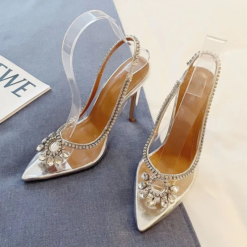 French Narrow Band Rhinestone High Heel Square Head Peep Toe Wedding High Heel