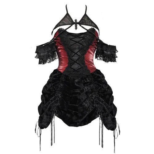 Blood Supply Gothic Velvet Slim Strap Drawstring Halter Black Red Grunge Mini Halloween Vestido Autumn Dress