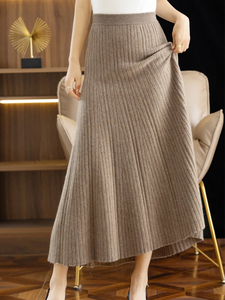 Autumn Winter Wool Long Pleated Merino Wool Grace Soft Skirt