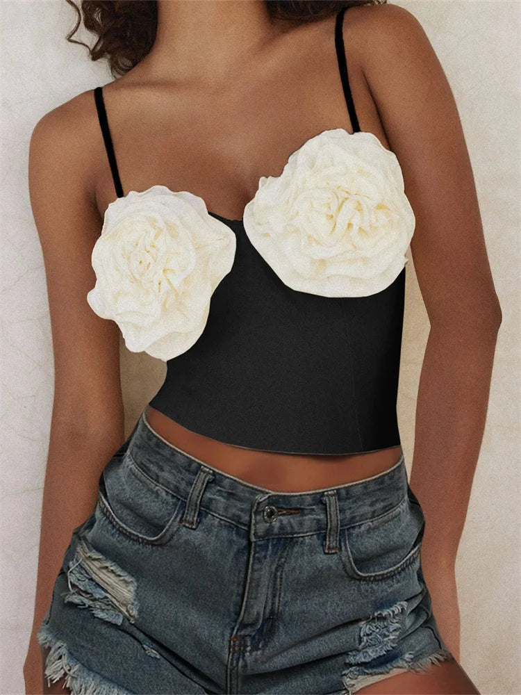 3D Flower Patchwork for Women Girls Sleeveless Strap V-neck Summer Streetwear Slim Fit Mini Vest 2024 Crop Top