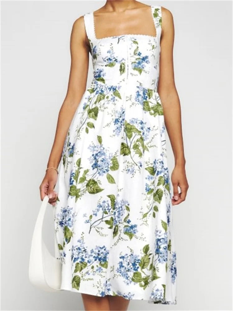 Elegant Square Neck Button-Up Sling High Waist A-Line Summer Midi Dress