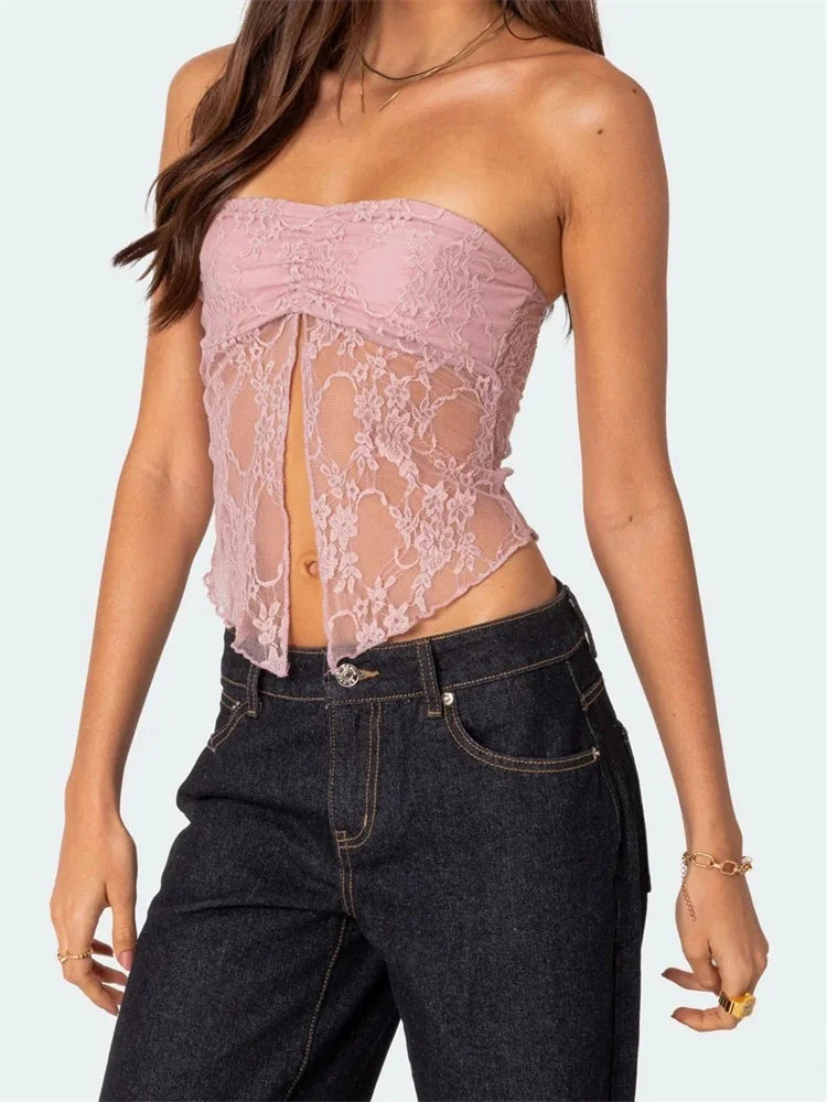 Lace Front Split Bustiers Corsets Strapless Off Shoulder Tube Party Club Mesh See Through Summer Vest 2024 Crop Top