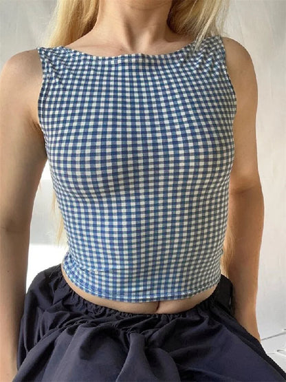 Retro Women Cropped Top Plaid Print Summer Bow Backless Basic Vest Sleeveless Aesthetic for Streetwear 2024 Crop Top