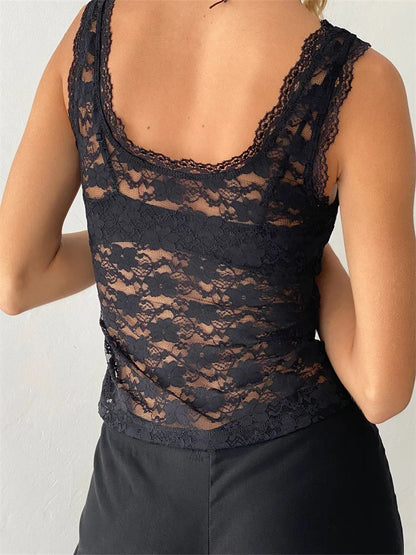 Retro Women Summer Lace Sleeveless Round Neck Mesh Sheer See Through Slim Exposed Navel Mini Vest 2024 Crop Top