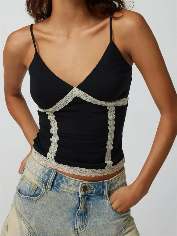 Retro Women V Neck Sleeveless Spaghetti Strap Lace Patchwork Summer Slim Fit Party Mini Vest Clubwear Crop Top