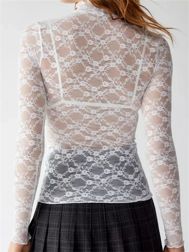 Sexy Women Lace Turtleneck Mesh See Through Fall Club Streetwear 2024 T-shirts