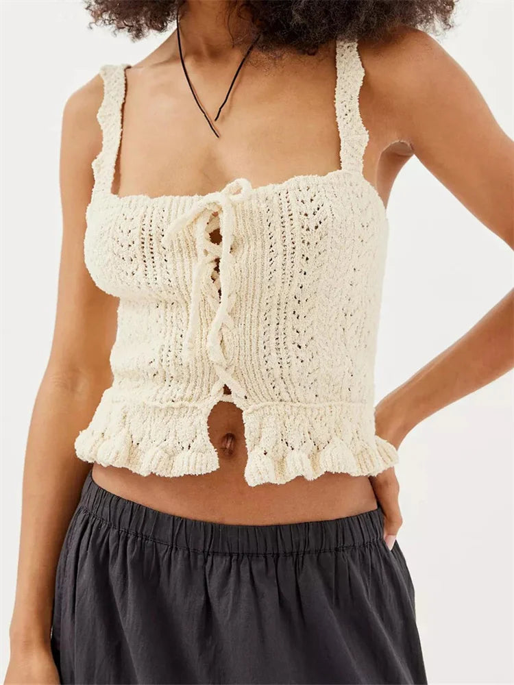 Women Crochet Knitted Mini Vest Summer Clubwear Y2K Square Neck Sleeveless Tie Up Vintage Casual Streetwear Crop Top