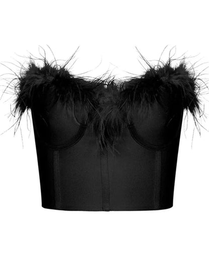 Women Fur Feather Patchwork Tube 2024 New Sexy Summer Strapless Off Shoulder Backless Back Zip Up Slim Vest Crop Top