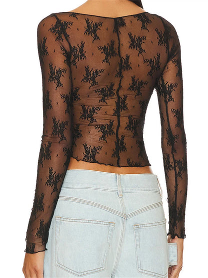 Lace Floral Long Sleeve Asymmetrical Hem Crop Mesh See Through Black Slim T-shirts