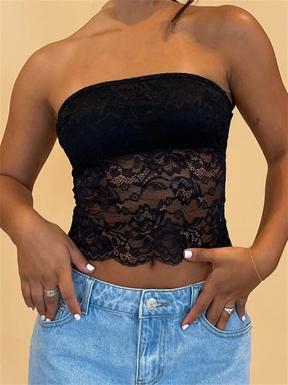 Lace Patchwork Floral Tube Summer Strapless Off Shoulder Cropped Backless Streetwear Aesthetic Grunge Tank Crop Top