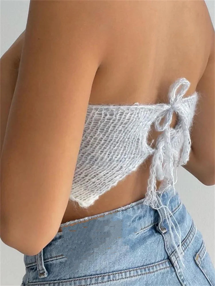 Sexy Backless Tube Y2K Hollow Out Knitted 2024 Summer Sleeveless Strapless Sexy Mini Vest Club Crop Top