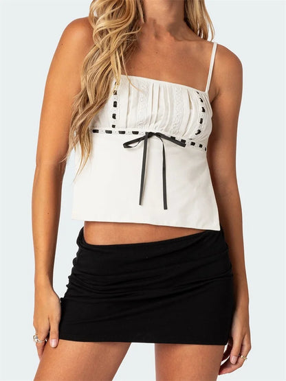 Women Summer Backless Spaghetti Strap Sleeveless Square Neck Lace Trim Mini Vest Streetwear 2024 Crop Top