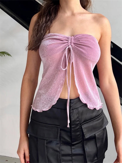 Summer Going Out Top Solid Color Strapless Off Shoulder Front Split Tie Up Ruched Party Clubwear Crop Top