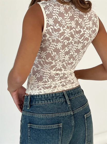 Summer Sleeveless Square Neck Low Cut Mesh See-Through Lace Casual Slim Sexy Mini Vest 2024 Crop Top