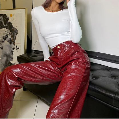 Vintage PU Leather High Waist Button Straight-Leg Punk Streetwear Female Pants