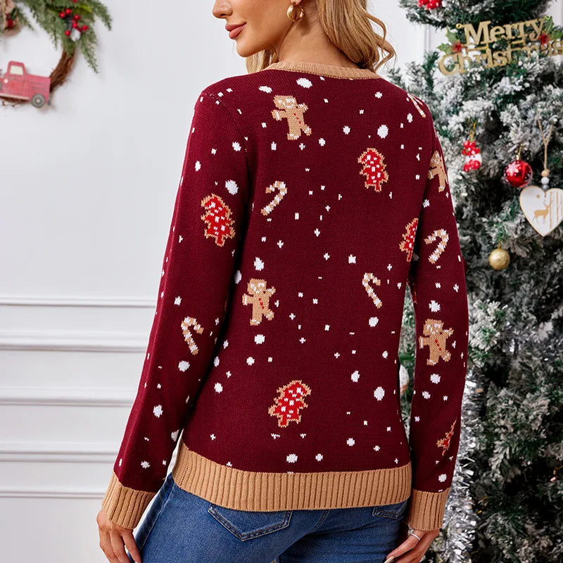 Gingerbread Man Pattern Loose Fitting Christmas Sweater