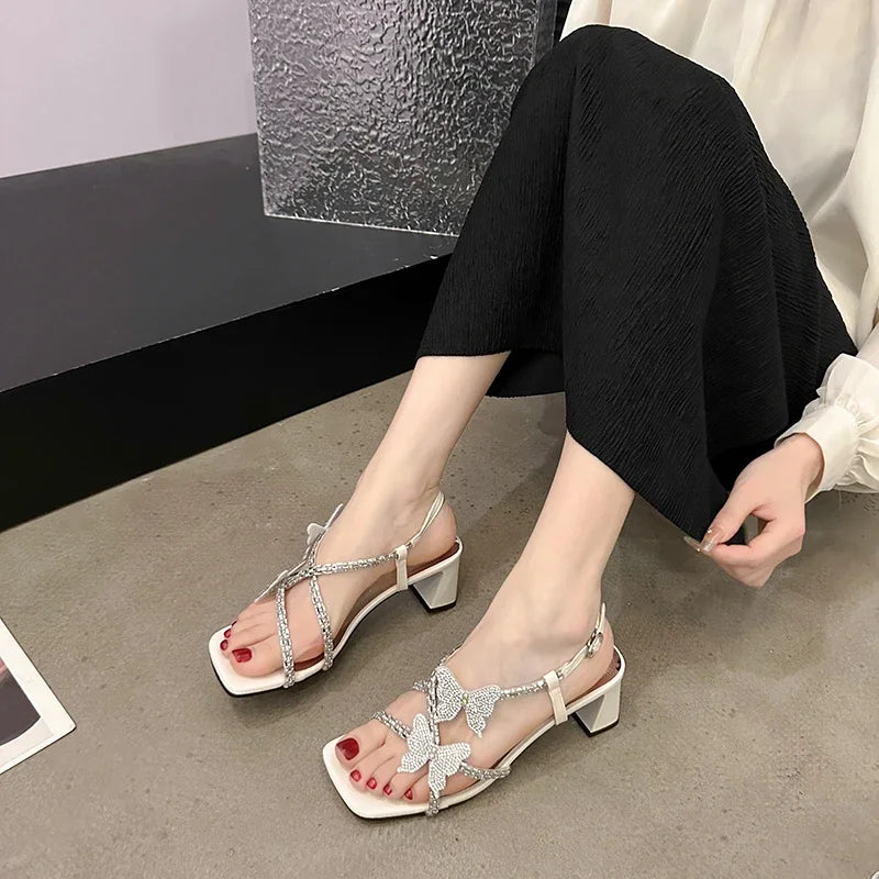 Casual Sweet Girl Date Shoes Butterfly Rhinestone Slingback Simple Versatile Low Heel Pumps