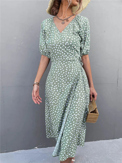 Casual Chiffon Side Wrap Polka Dot Puff A-line Split Midi Dresses