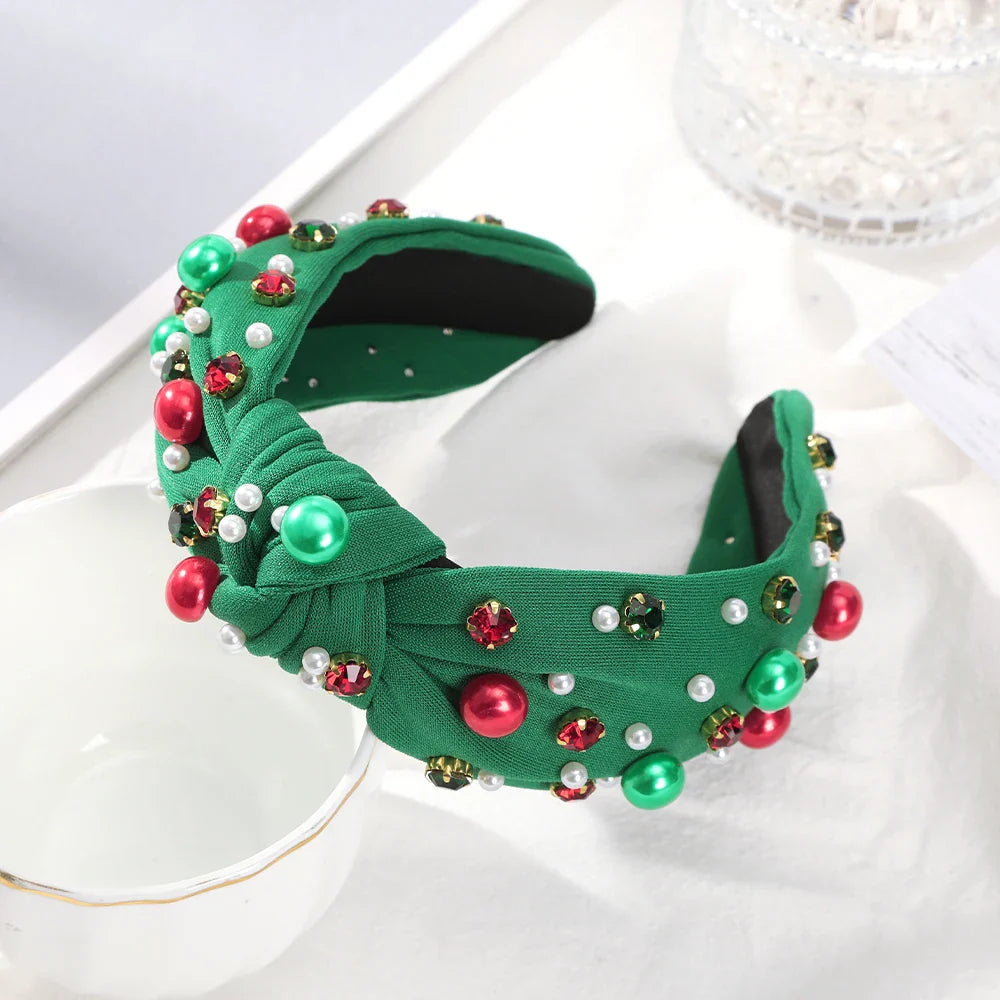 Festive Red Winter Wide Knotted Christmas Hair Accessory with Imitation Pearls